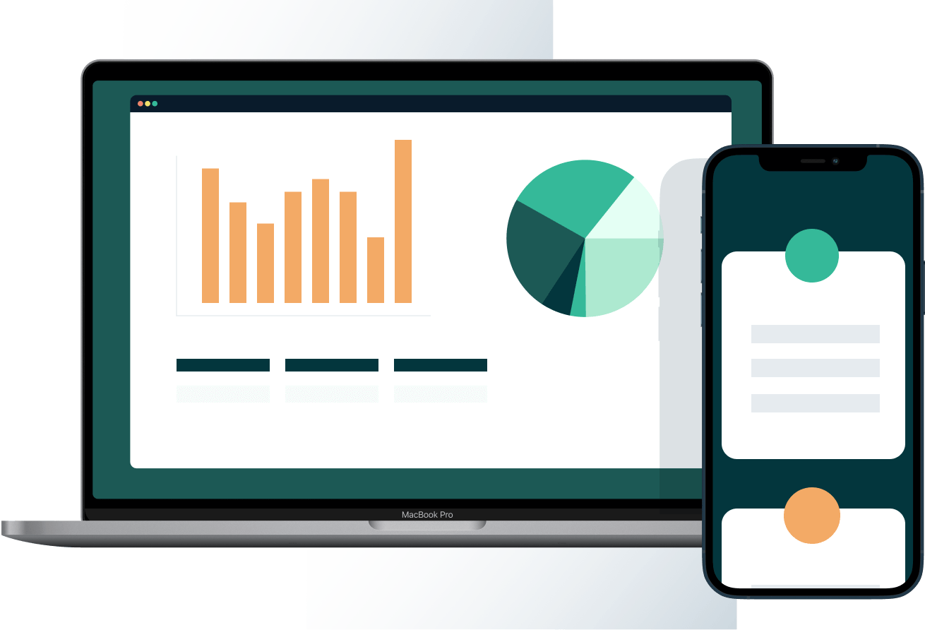 Laptop with a pie chart and bar chart, and a phone with card designs